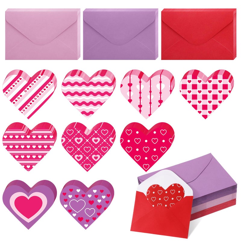 Cholemy 180 Pcs Valentine's Day Cards with Envelopes Blank Heart Shaped Greeting Cards Funny Paper Cutouts Gummed Envelopes for Valentine's Day Anniversary Weddings Invitations, 4 x 6 Inch (Stripes) - Image 1