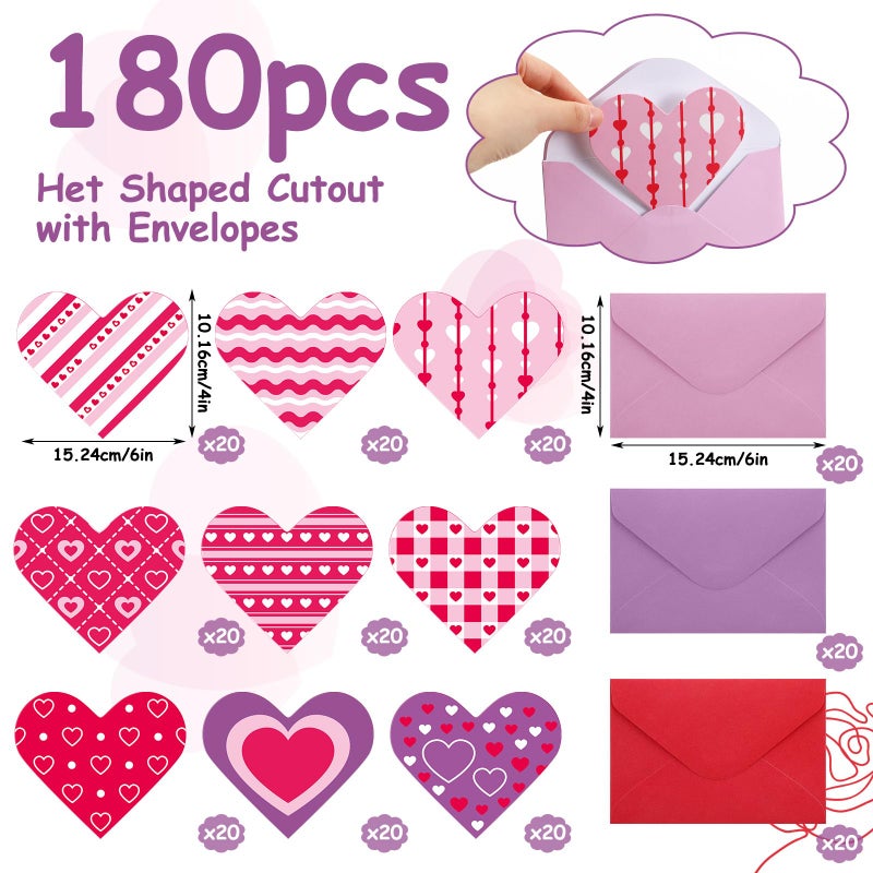 Cholemy 180 Pcs Valentine's Day Cards with Envelopes Blank Heart Shaped Greeting Cards Funny Paper Cutouts Gummed Envelopes for Valentine's Day Anniversary Weddings Invitations, 4 x 6 Inch (Stripes) - Image 2