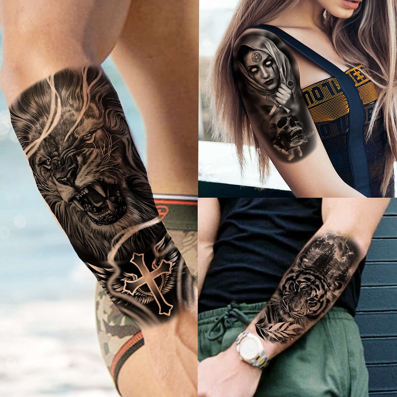 COKTAK 64 Sheets Large Black Arm Temporary Tattoos For Men Forearm Women Thigh, Half Sleeve Animals Lion Tiger Wolf Temp Tattoo Stickers Adults, Death Skull Compass Flower Fake Tattoos That Look Real - Image 2