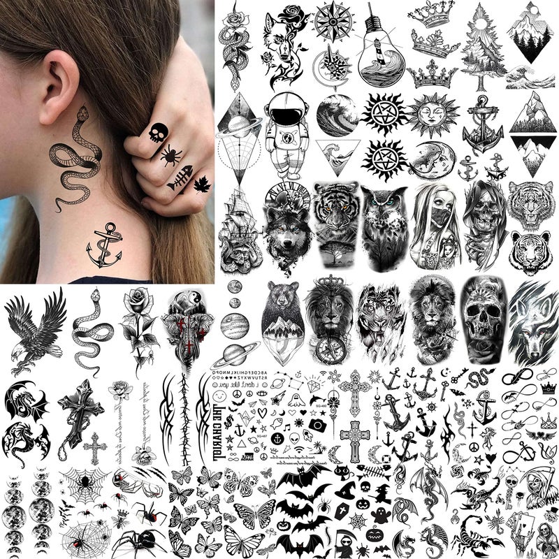 COKTAK 64 Sheets Large Black Arm Temporary Tattoos For Men Forearm Women Thigh, Half Sleeve Animals Lion Tiger Wolf Temp Tattoo Stickers Adults, Death Skull Compass Flower Fake Tattoos That Look Real - Image 5
