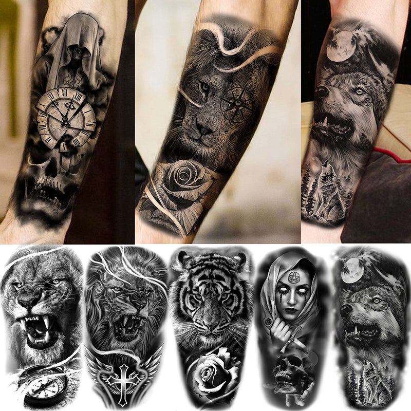 COKTAK 64 Sheets Large Black Arm Temporary Tattoos For Men Forearm Women Thigh, Half Sleeve Animals Lion Tiger Wolf Temp Tattoo Stickers Adults, Death Skull Compass Flower Fake Tattoos That Look Real - Image 4