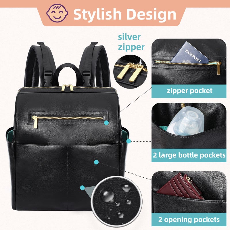 MOMINSIDE حقيبة ظهر مومينسايد لحفاضات الأطفال، حقيبة جلدية مع 16 جيب للأم والأب، بحث عن تسجيل المولود، تناسب لابتوب بحجم 15 بوصة، 4 جيوب معزولة، وسادة تغيير، سوداء - Image 4