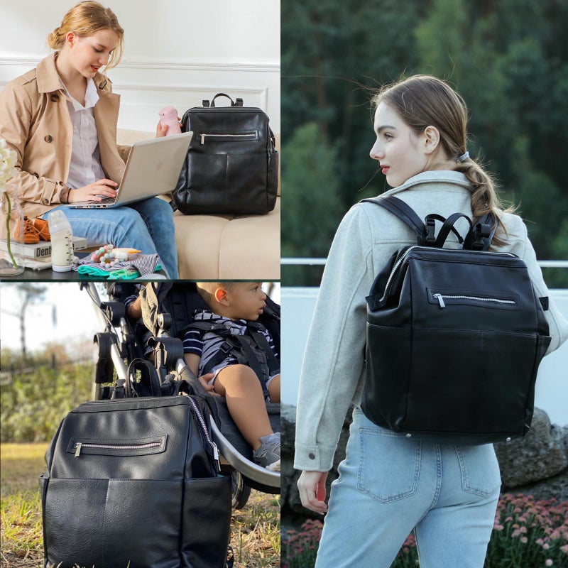 MOMINSIDE حقيبة ظهر مومينسايد لحفاضات الأطفال، حقيبة جلدية مع 16 جيب للأم والأب، بحث عن تسجيل المولود، تناسب لابتوب بحجم 15 بوصة، 4 جيوب معزولة، وسادة تغيير، سوداء - Image 2
