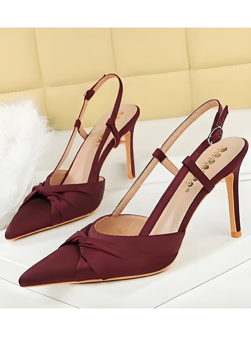 بيج تري المرأة مغلقة أشارت إصبع القدم مضخات الساتين كعب عالي مع قفل حزام ساندال النبيذ الأحمر 9CM - Image 1