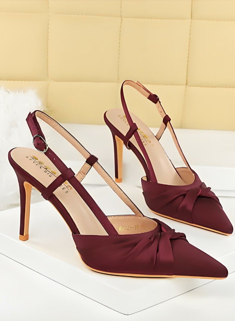 بيج تري المرأة مغلقة أشارت إصبع القدم مضخات الساتين كعب عالي مع قفل حزام ساندال النبيذ الأحمر 9CM - Image 2