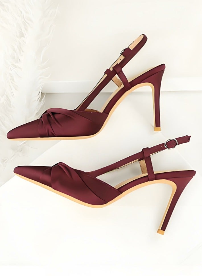 بيج تري المرأة مغلقة أشارت إصبع القدم مضخات الساتين كعب عالي مع قفل حزام ساندال النبيذ الأحمر 9CM - Image 3