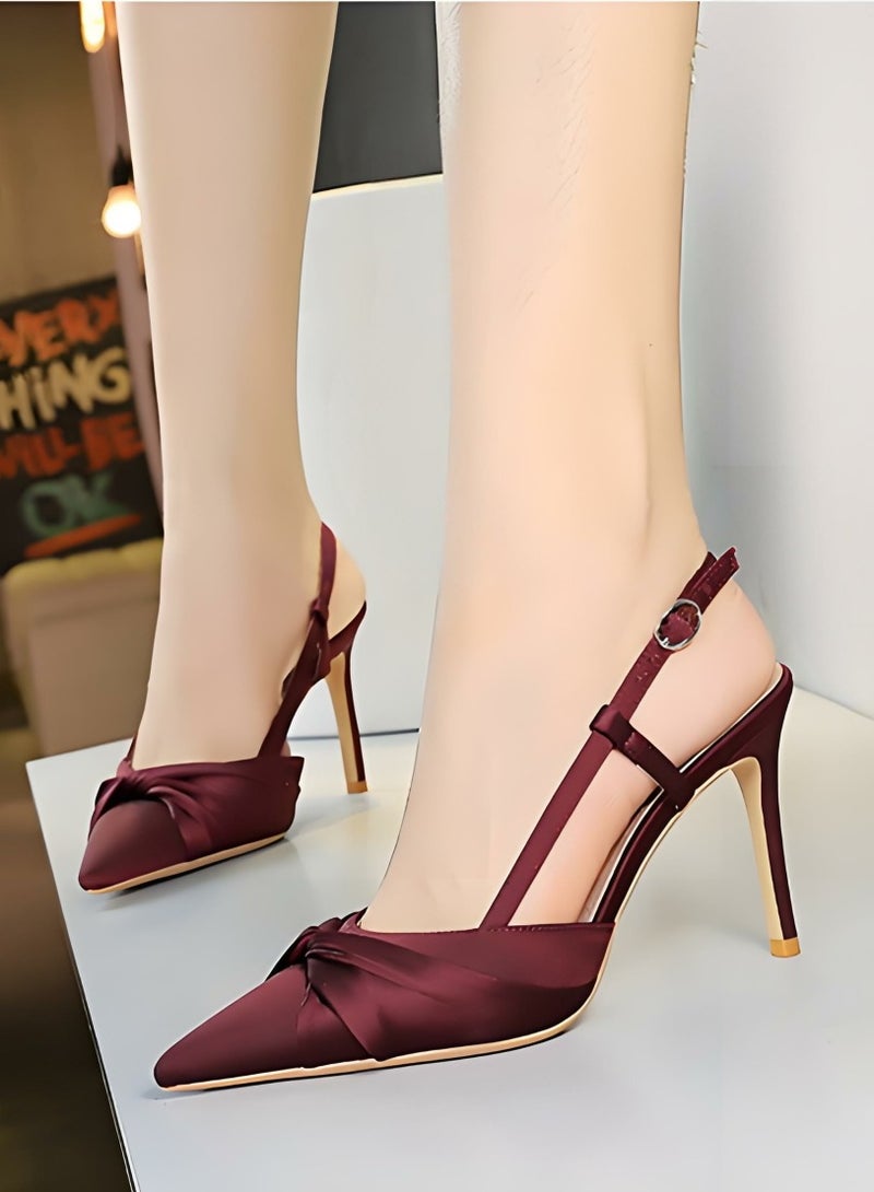 بيج تري المرأة مغلقة أشارت إصبع القدم مضخات الساتين كعب عالي مع قفل حزام ساندال النبيذ الأحمر 9CM - Image 4