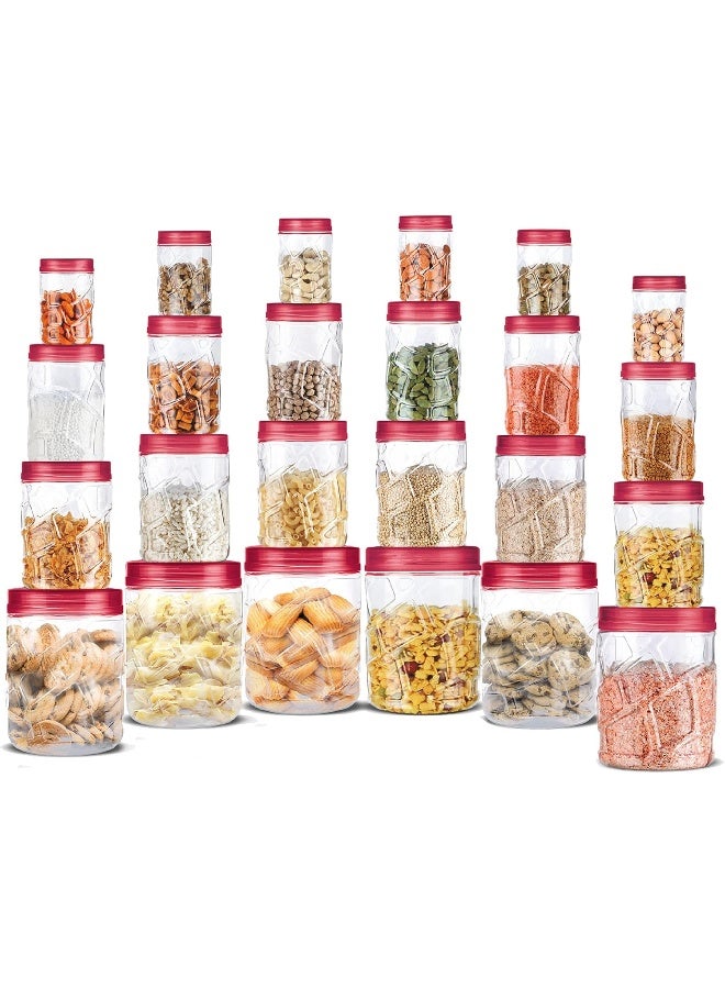 Milton Vitro Storage Jar & Canister Set of 24 – Food-Grade PET Plastic, 300 ml (6 pcs), 700 ml (6 pcs), 1.4 L (6 pcs), 2 L (6 pcs), Air-Tight, Stackable Containers for Grains, Pulses & Dry Fruits - Image 1
