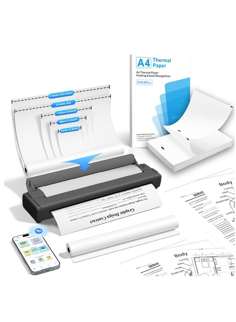 X9 Portable Thermal Printer, High-definition Printer that Supports A4 Thermal Paper, Thermal Paper Roll with Bracket, 200DPI Inkless Mobile Travel Printers for Car School Office, Mini Bluetooth Printer for Connecting Computers, iOS Phones and Android. - Image 1