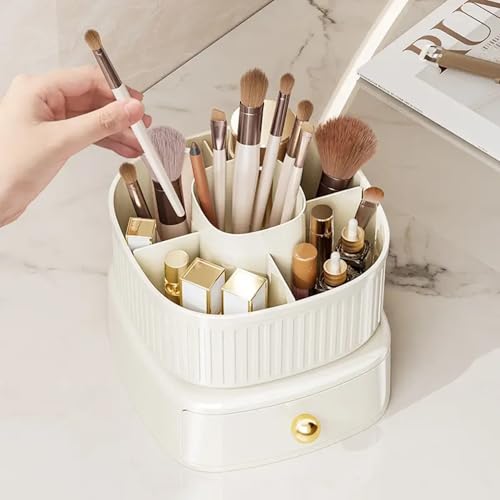 HoopVool 360 Rotating Desk Organizer, Stationery Storage,Pen Holder, Plastic Makeup brush Organizer with Drawers, Multifunctional Desk Accessories Tidy Caddy for Dresser Table (360 Cream) - Image 4