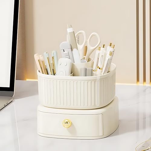 HoopVool 360 Rotating Desk Organizer, Stationery Storage,Pen Holder, Plastic Makeup brush Organizer with Drawers, Multifunctional Desk Accessories Tidy Caddy for Dresser Table (360 Cream) - Image 1