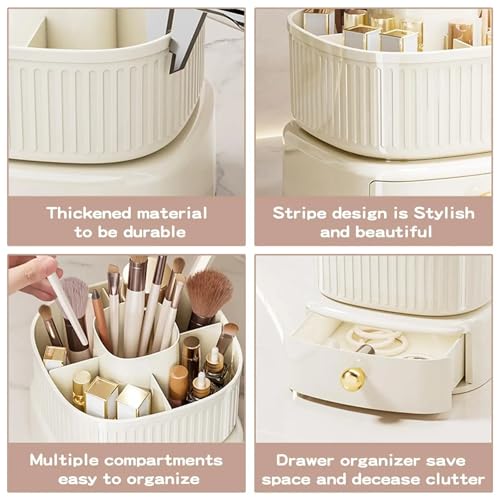 HoopVool 360 Rotating Desk Organizer, Stationery Storage,Pen Holder, Plastic Makeup brush Organizer with Drawers, Multifunctional Desk Accessories Tidy Caddy for Dresser Table (360 Cream) - Image 5