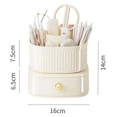 HoopVool 360 Rotating Desk Organizer, Stationery Storage,Pen Holder, Plastic Makeup brush Organizer with Drawers, Multifunctional Desk Accessories Tidy Caddy for Dresser Table (360 Cream) - Image 2