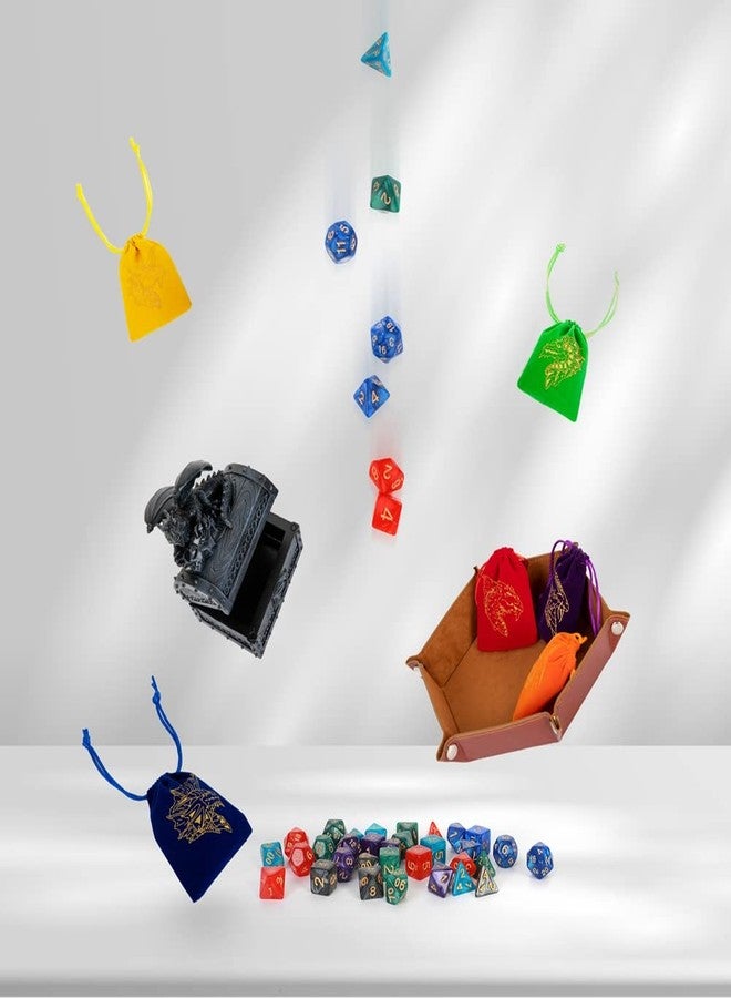 TOYFUL 6 Sets DND Dice Polyhedral Dungeons and Dragons Rolling Dice for RPG MTG Table Games with Free Six Drawstring Bags and PU Leather D&D Dice Tray (Single with Brown Tray) - Image 3