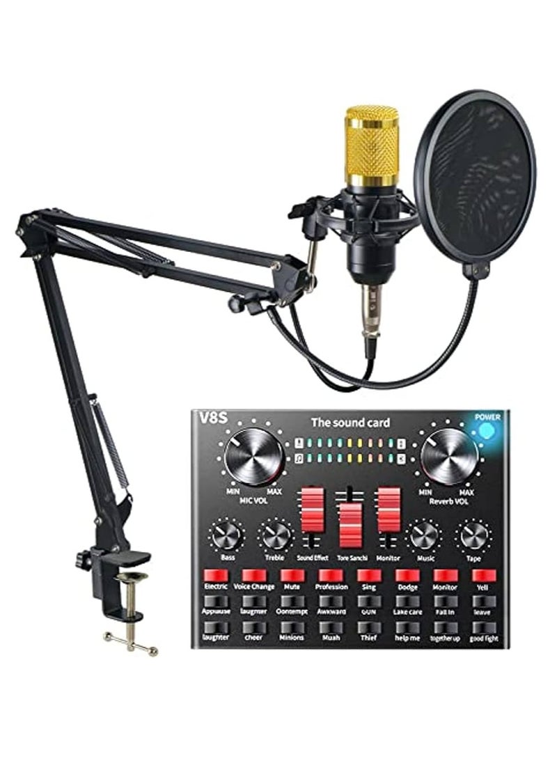 V8s Professional Condenser Microphone With V8S Live Sound Card And Studio Recording Broadcasting Set Black  - Image 1