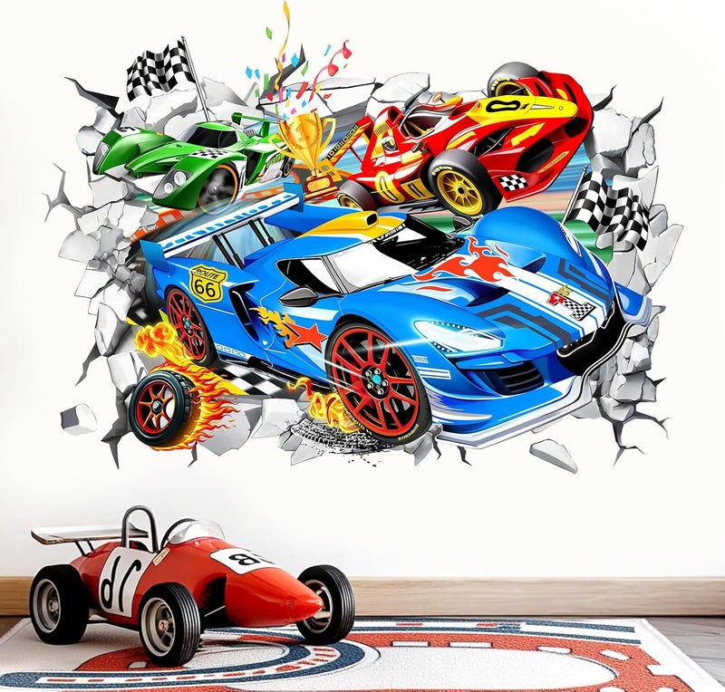 wondever Large 3D Racing Car Wall Stickers Vehicles Break Through Peel and Stick Wall Art Decals for Boys Room Kids Bedroom Playroom - Image 4