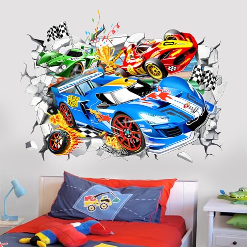 wondever Large 3D Racing Car Wall Stickers Vehicles Break Through Peel and Stick Wall Art Decals for Boys Room Kids Bedroom Playroom - Image 1
