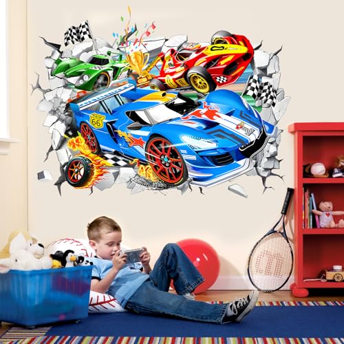 wondever Large 3D Racing Car Wall Stickers Vehicles Break Through Peel and Stick Wall Art Decals for Boys Room Kids Bedroom Playroom - Image 3