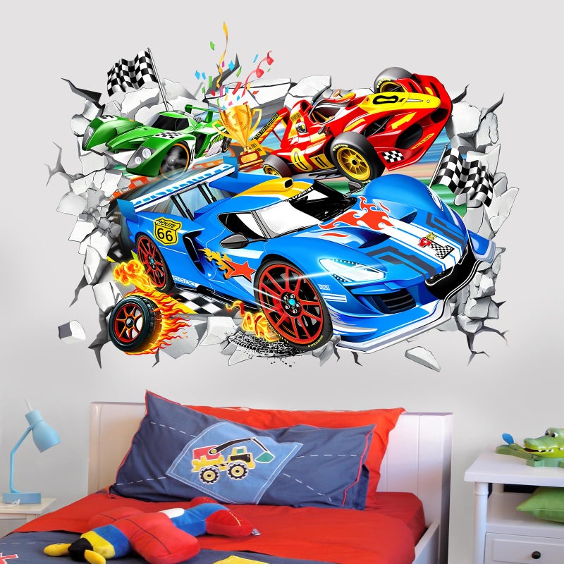 wondever Large 3D Racing Car Wall Stickers Vehicles Break Through Peel and Stick Wall Art Decals for Boys Room Kids Bedroom Playroom - Image 2