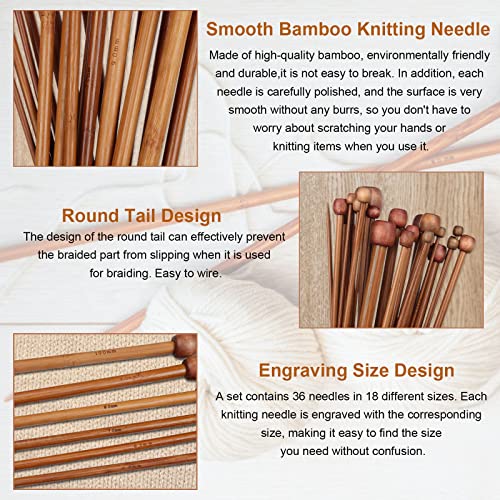 Aeelike 18 Pairs Bamboo Knitting Needles Set - 10 Inches Wooden Knitting Needles Single Point with Roll Bag - Portable Knittings Needle Set for Beginners (2mm - 10mm) - Image 3