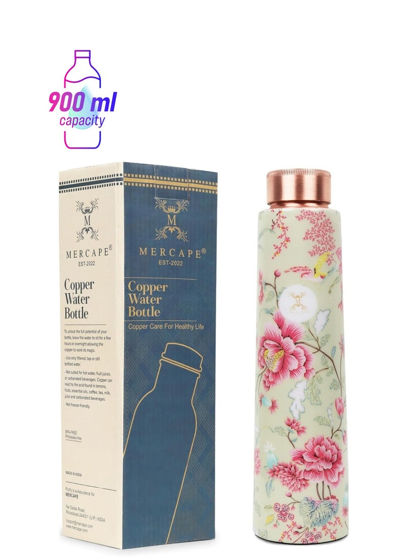 MERCAPE® - 100% Pure Joint Less Copper Bottles for Water with Leak Proof Lid | Ayurveda BPA Free & Non Toxic | Ayurvedic Office | Flower Print Bottle | Hiking Treking Bottle - 900ml