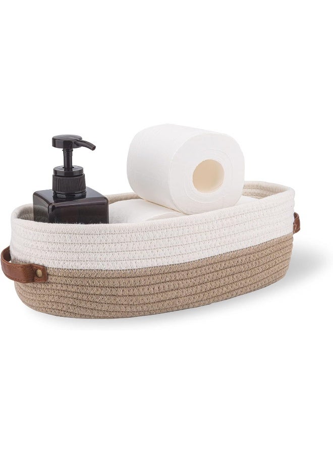 Oradrem Oradrem Cotton Rope Bathroom Decor Basket, Toilet Paper Holder Basket, Farmhouse Home Decor Organizing Baskets 13"x5.9"x4" Brown Stitching White  - Image 1