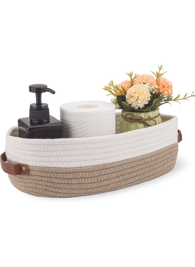 Oradrem Oradrem Cotton Rope Bathroom Decor Basket, Toilet Paper Holder Basket, Farmhouse Home Decor Organizing Baskets 13"x5.9"x4" Brown Stitching White  - Image 3