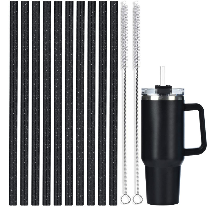 ALINK 10 Pack Black Replacement Straws for Stanley 40 oz 30 oz Tumbler  12 in Long Reusable Plastic Glitter Straws for Stanley Cup Accessories  Half Gallon Jug  Plus 2 Cleaning Brush