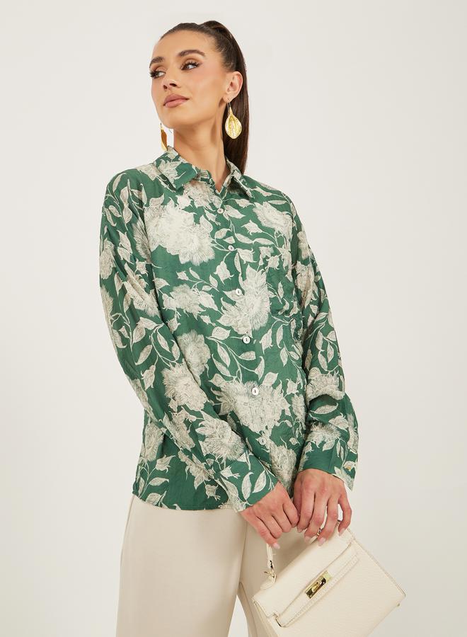 Styli Floral Print Spread Collar Oversized Shirt  - Image 4