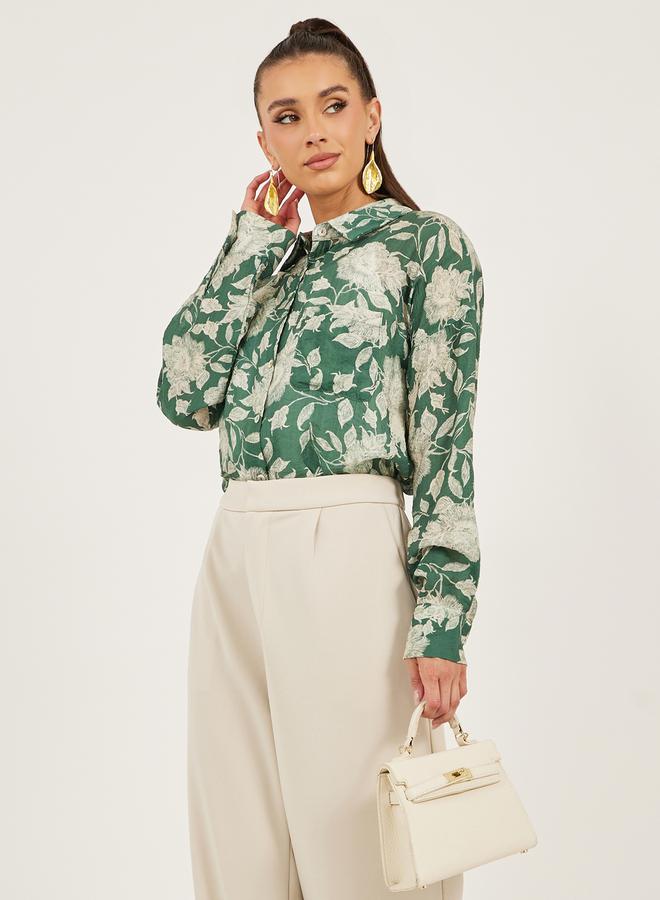 Styli Floral Print Spread Collar Oversized Shirt  - Image 1