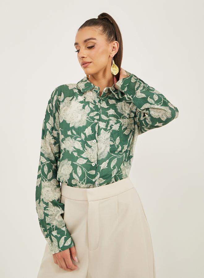 Styli Floral Print Spread Collar Oversized Shirt  - Image 3