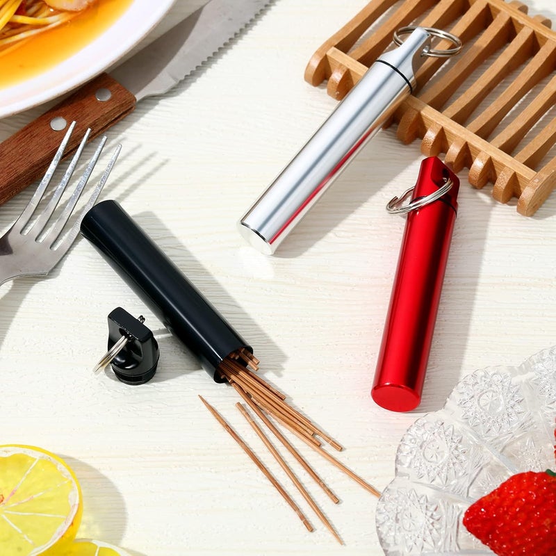 Pelopy 6 Pcs Metal Portable Toothpick Holder Dispenser Aluminum Alloy Pocket Toothpick Holder Box Small Toothpick Case Toothpicks Container with Keychain for Camping Travel Picnic Purse, 3 Colors - Image 5