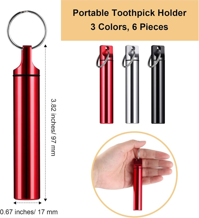 Pelopy 6 Pcs Metal Portable Toothpick Holder Dispenser Aluminum Alloy Pocket Toothpick Holder Box Small Toothpick Case Toothpicks Container with Keychain for Camping Travel Picnic Purse, 3 Colors - Image 2