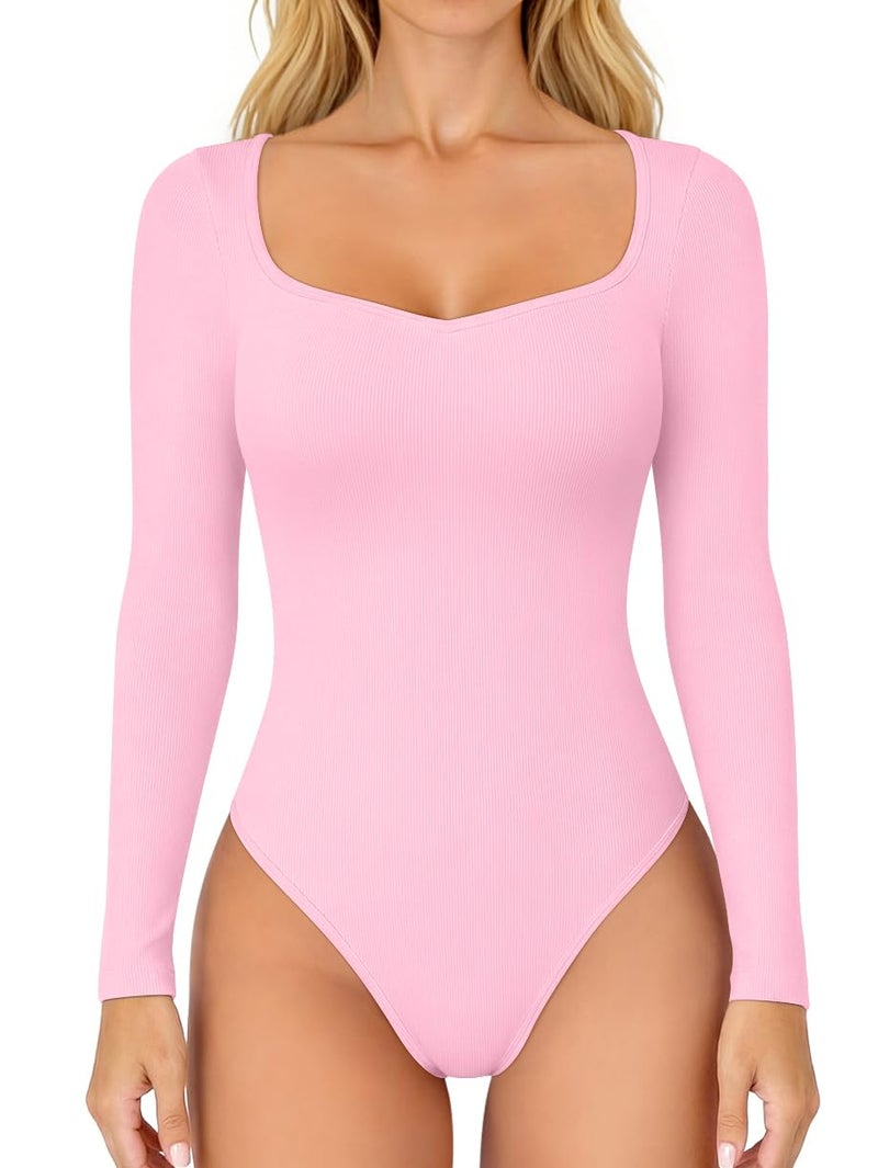 OQQ Women Bodysuit Contrast-Trim Square Neck Long Sleeve Stretch Bodysuit Tops Pink cherry blossom - Image 1