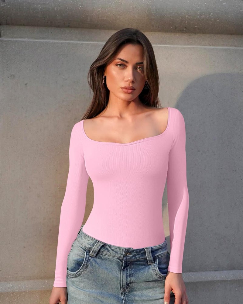 OQQ Women Bodysuit Contrast-Trim Square Neck Long Sleeve Stretch Bodysuit Tops Pink cherry blossom - Image 3