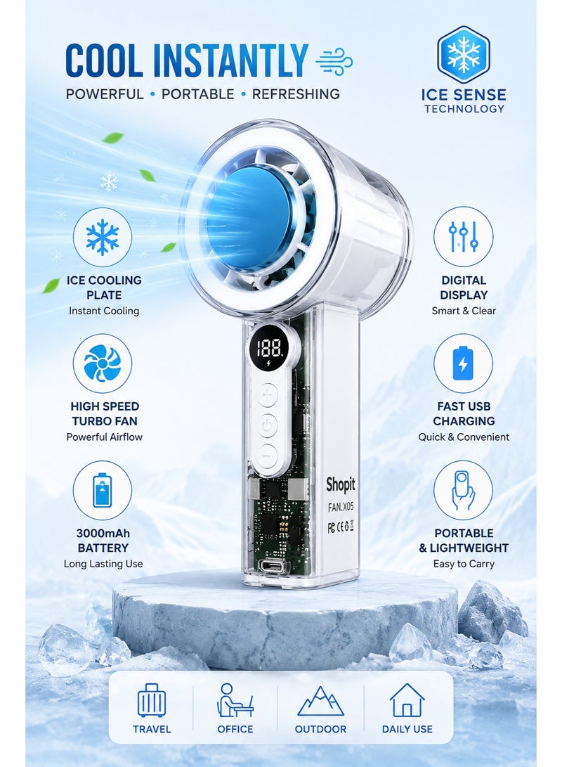 Shopit Portable Handheld Cooling Fan with Ice Cooling Plate, 3000mAh Rechargeable Battery, High Speed Turbo Fan, Digital Display (Black) - Image 4
