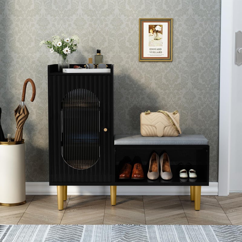 HLR Storage Bench with Glass DoorShelf Modern Entryway Shoe Cabinet Bench with Padded Seat LShaped Storage Cabinet for Hallway Bedroom Living Room Office Black
