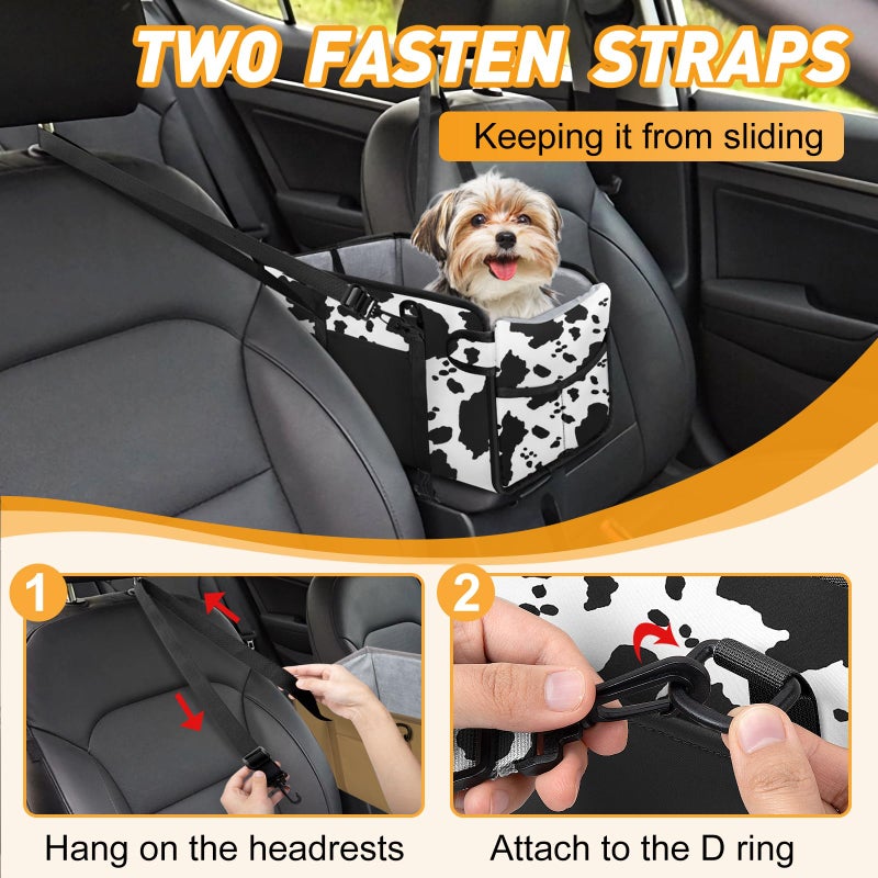 NECKORY Portable Dog Car Seat for Small Dogs - Adjustable Safety Leash, Washable Cushion & Storage Pocket - Pet Booster Seat for Car Travel- Cow Pattern - Image 5