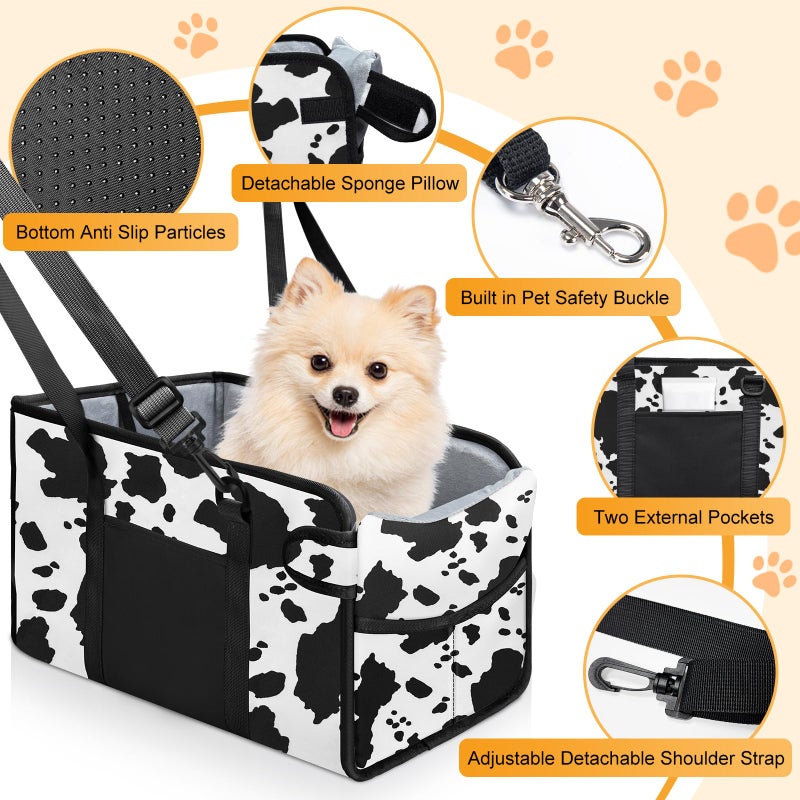 NECKORY Portable Dog Car Seat for Small Dogs - Adjustable Safety Leash, Washable Cushion & Storage Pocket - Pet Booster Seat for Car Travel- Cow Pattern - Image 3
