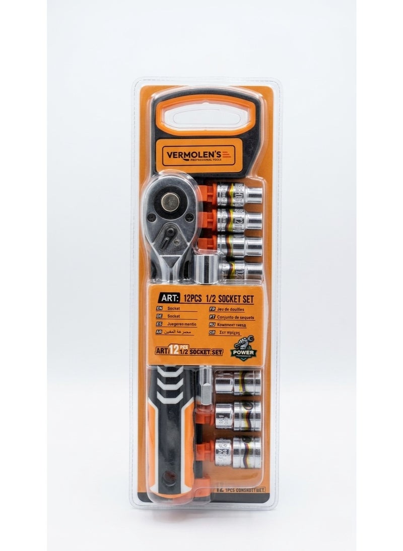 12-Piece Professional Ratchet & Socket Set | 1/2-Inch Drive Metric Kit with Heavy-Duty Organizer Clip - Image 1