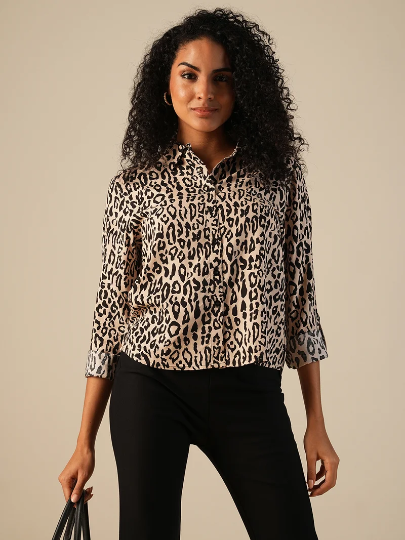 Women Roll Up Sleeves Animal Print Workwear Shirt