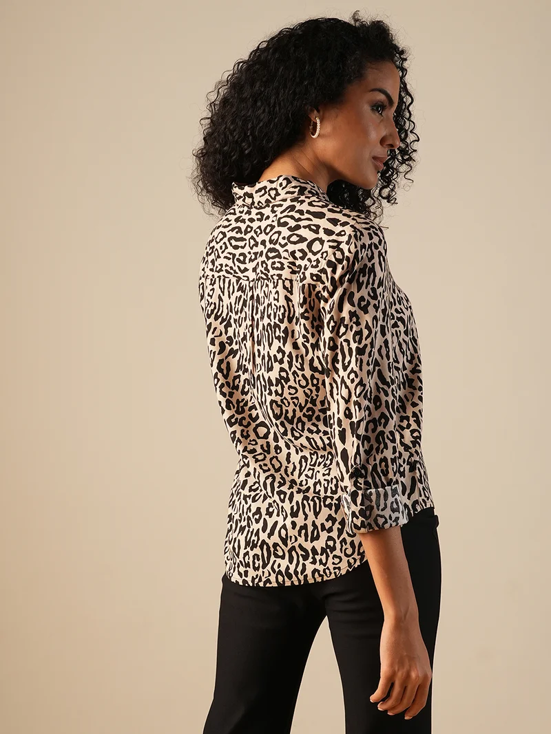 globus Globus Women Roll Up Sleeves Animal Print Workwear Shirt