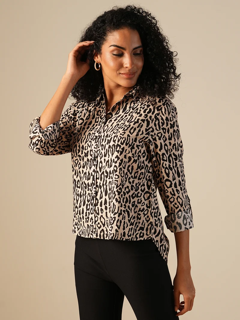 globus Globus Women Roll Up Sleeves Animal Print Workwear Shirt