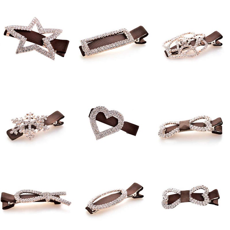 Ruihfas 9Pcs Women Girls Headwear Bling Rhinestone Crystal Hair Clip Alligator Duckbill Barrette Hairpin Hair Beak Concorde Clip Slide Assorted Patterns Gold Tone