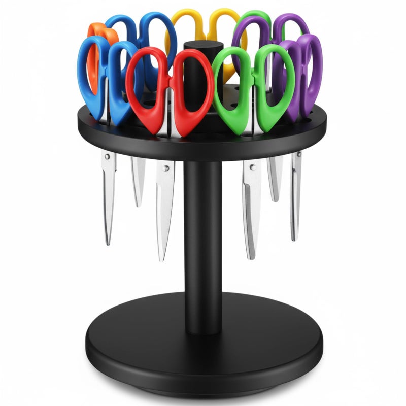 Kathfly 1 Pcs Wooden Scissor Holder Rotating Scissors Storage 24 Holes Natural Wood Shear Organizer Stand Pen Holder Display Stand Desk Organizer for Classroom Office Barber Shop Home Black - Image 2