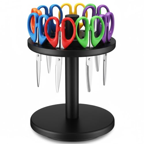 Kathfly 1 Pcs Wooden Scissor Holder Rotating Scissors Storage 24 Holes Natural Wood Shear Organizer Stand Pen Holder Display Stand Desk Organizer for Classroom Office Barber Shop Home Black - Image 1