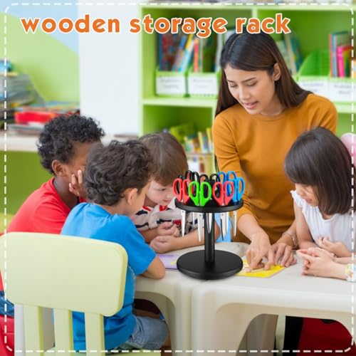 Kathfly 1 Pcs Wooden Scissor Holder Rotating Scissors Storage 24 Holes Natural Wood Shear Organizer Stand Pen Holder Display Stand Desk Organizer for Classroom Office Barber Shop Home Black - Image 3