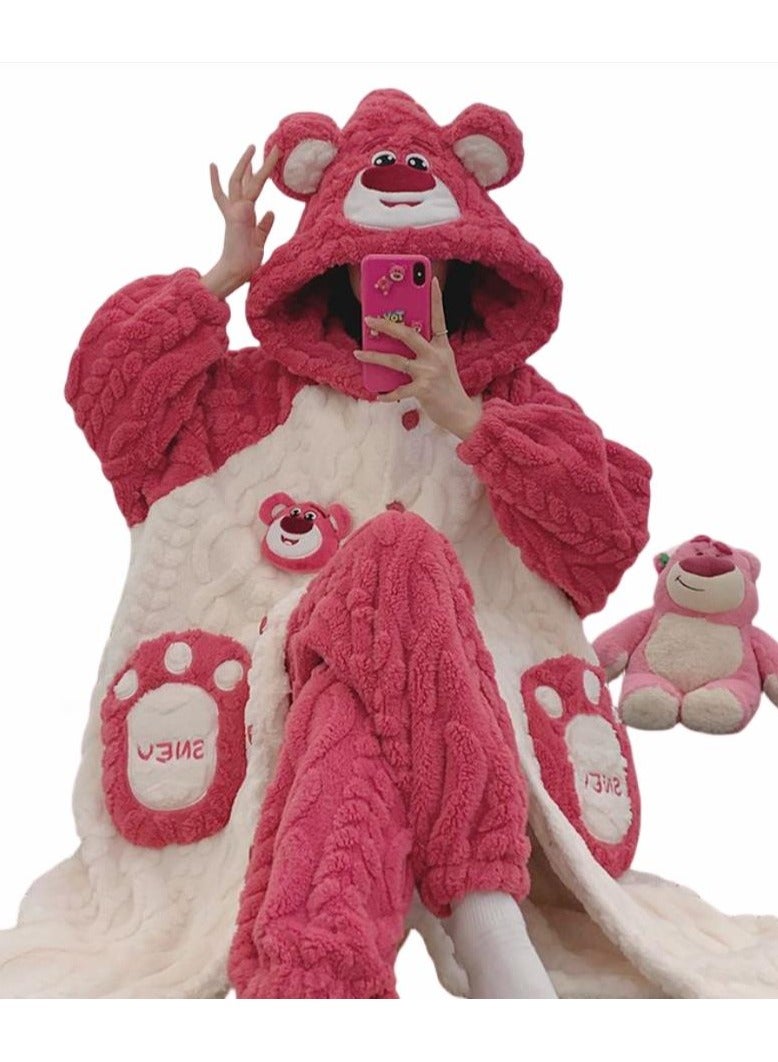 KUYING Velvet and Thickened Nightgown Cute Cartoon Home Fur Set