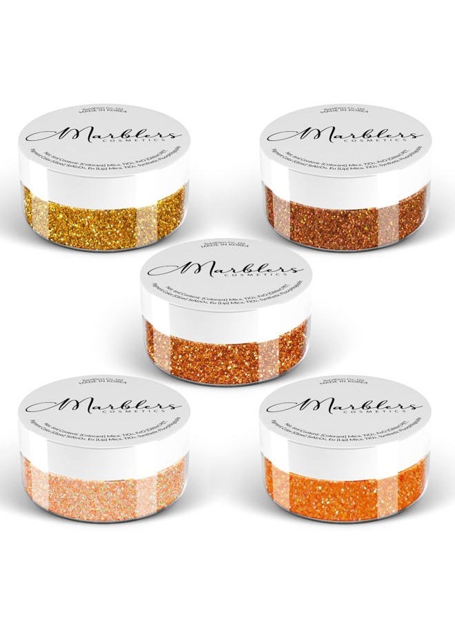 MARBLERS Cosmetic Grade Fine Glitter 5-Pack [Orange Day] 0.90oz (25g) | Non-Toxic | Vegan | Cruelty-Free | Eyeshadow, Nail Polish, Nail Art | Festival, Rave & Party Makeup | Body & Face  - Image 1