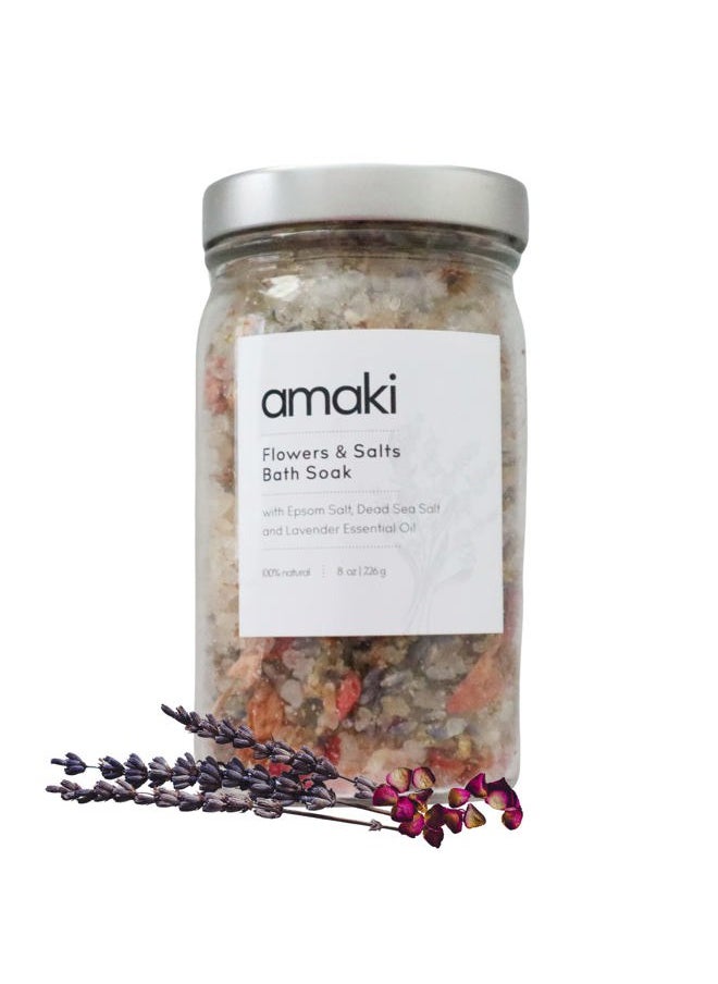 AMAKI SKINCARE Amaki Herbal Bath Soak Blend of Epsom and Dead Sea Salt Infused with Lavender Essential Oil - for Stress Relief, Reduce Sore Muscle, Skin Soothing - Luxury Gift Set of 2, 8 Ounces Jars  - Image 1
